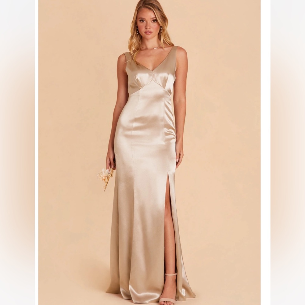 Birdy Grey Champagne Satin V-Neck Maxi Dress with Side Slit